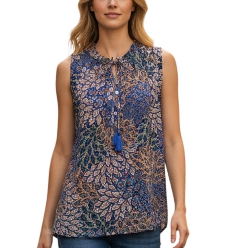 Daniel Rainn Tasseled Tank Womens Medium Blue Multicolor Leafy Print Shell Top